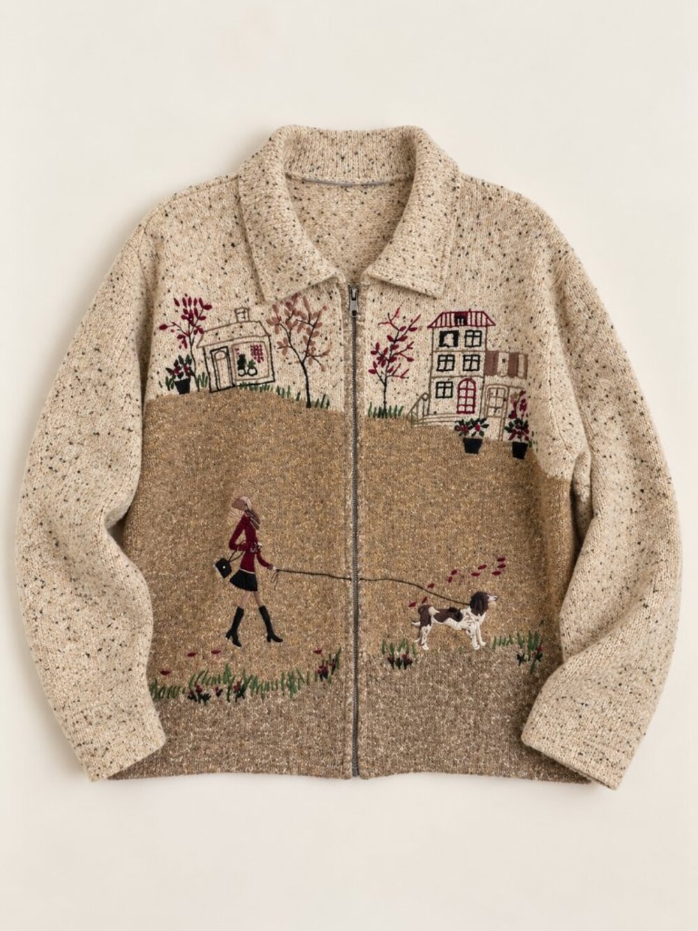 Vintage Novelty Knit Cardigan Embroidered Dog Walker Scenic Cottagecore Sweater